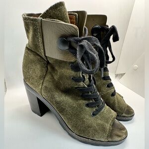Frye Danica Lug Combat Peep Toe Lace Up Booties US size 6 Olive Green Suede $358